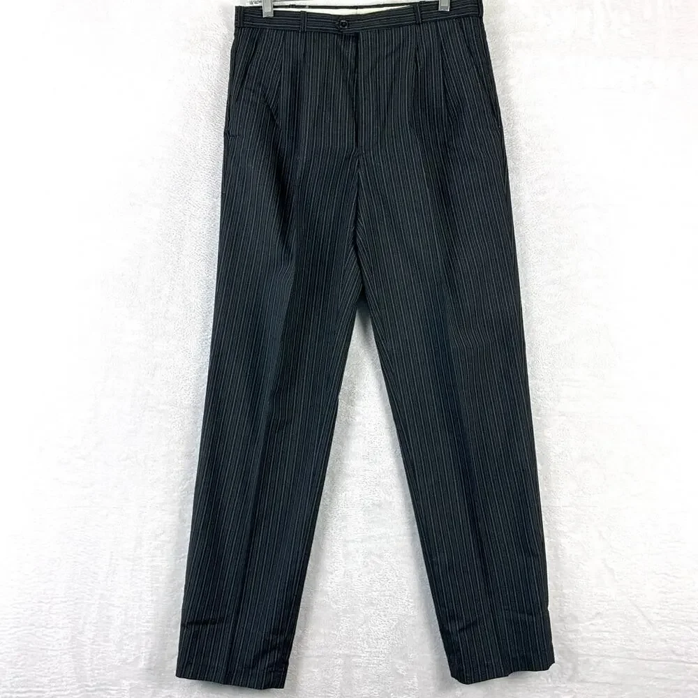 VTG Vincente Nesi Pants Mens 32L Black Pinstripe Pleated Rayon Old Money 80s